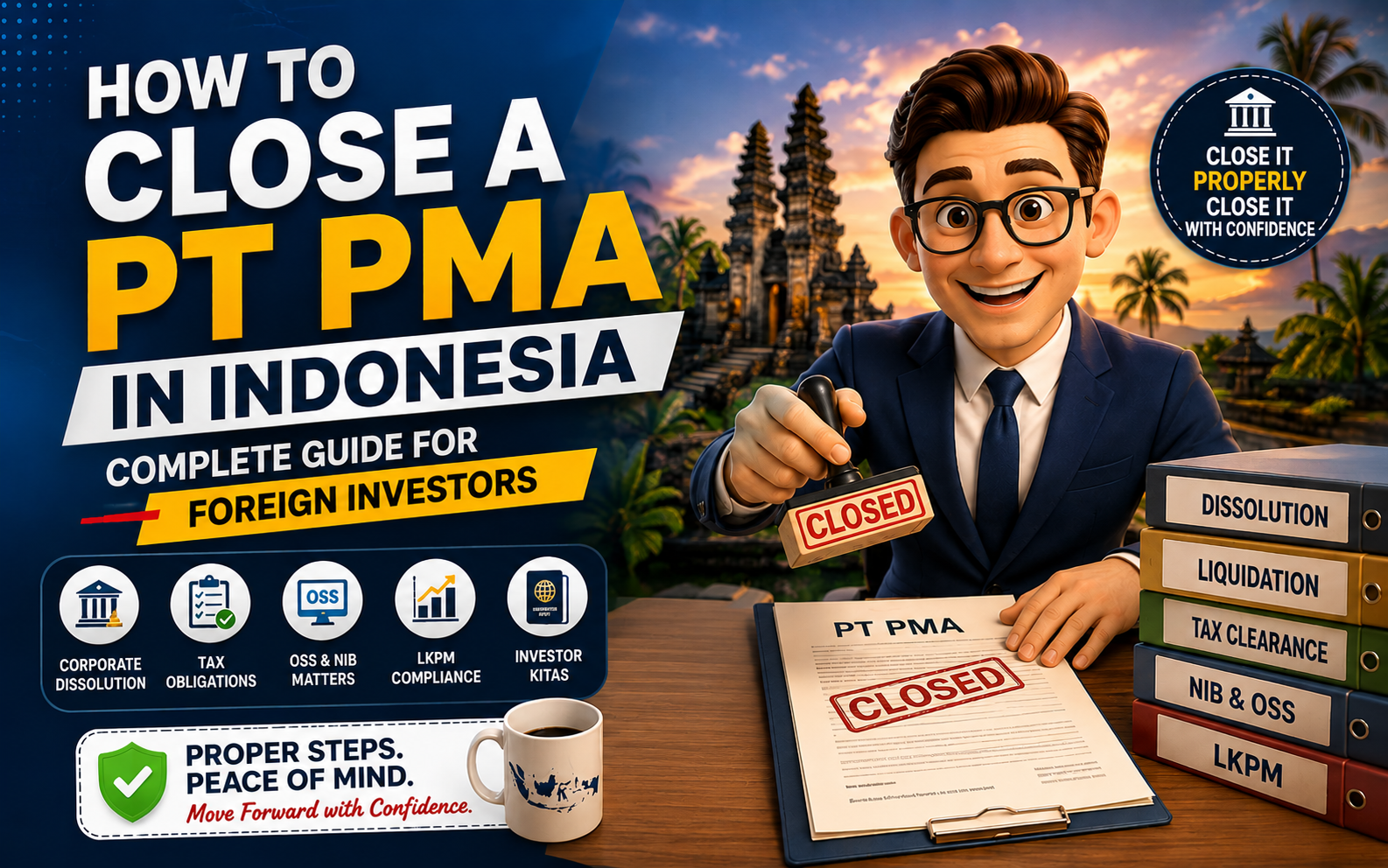 How to close a PT PMA in Indonesia for foreign investors, covering company dissolution, liquidation, tax, OSS, NIB, LKPM, and Investor KITAS