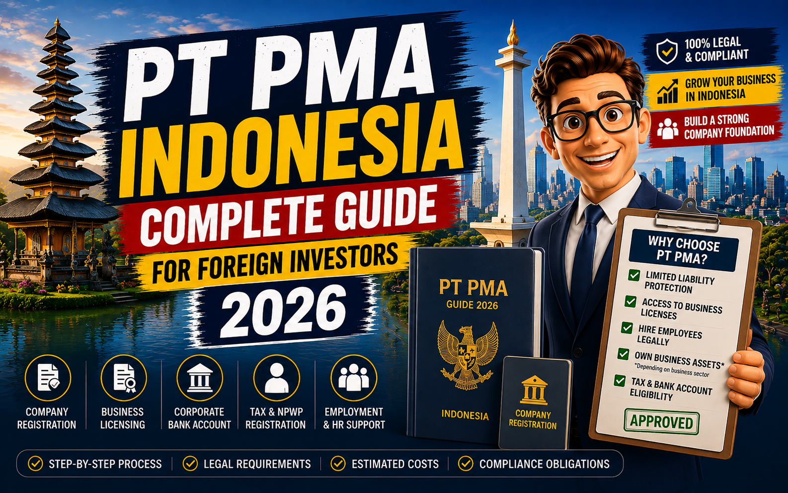 PT PMA Indonesia: Complete Guide for Foreign Investors (2026). Discover the complete process of establishing a PT PMA in Indonesia, including company registration, business licensing, corporate bank accounts, tax and NPWP registration, employment regulations, legal compliance, and investment requirements for foreign-owned businesses.