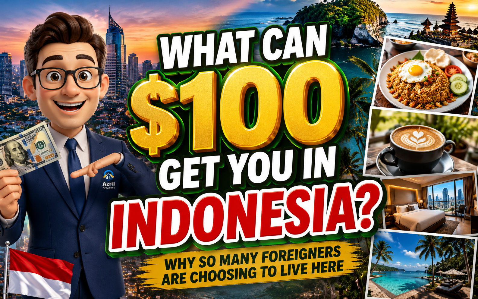 Cover image showing an Australian passport, US $100 bill, Jakarta city skyline, and Bali beach scenery representing affordable living in Indonesia for expats, retirees, and digital nomads.