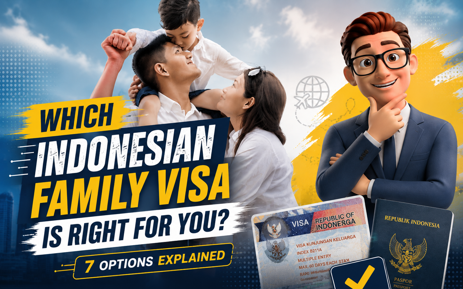 Indonesia family visa guide featuring a family, Indonesian passport and visa documents, and a 3D advisor character. The image explains seven Indonesian family visa options available for spouses, children, and family members seeking legal stay permits in Indonesia.