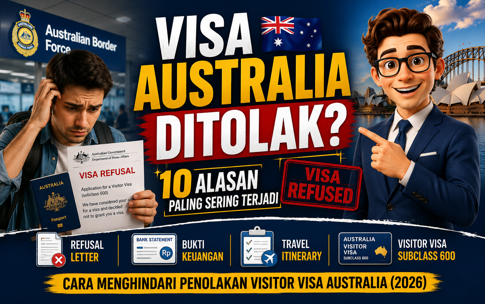 Visa Australia Ditolak? 10 Alasan Penolakan Visitor Visa Australia Subclass 600 dan Cara Mengatasinya. Panduan lengkap mengenai penyebab penolakan visa Australia, dokumen yang wajib dipersiapkan, kesalahan yang sering dilakukan pemohon, serta tips meningkatkan peluang persetujuan aplikasi Visitor Visa Australia pada tahun 2026.