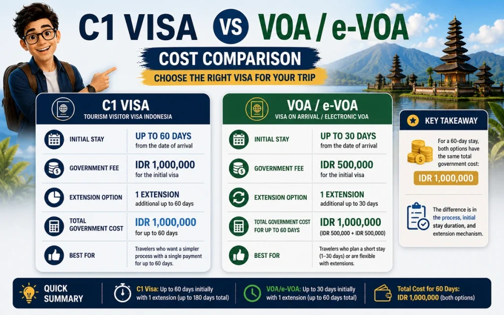 C1 Visa vs VOA and e-VOA cost comparison for a 60-day stay in Indonesia
