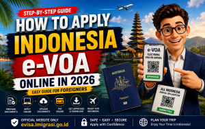 Step-by-step guide on how to apply for an Indonesia e-VOA online in 2026 for foreign travelers using the official Indonesian Immigration eVisa website.