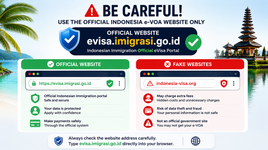 Warning to use only the official Indonesia e-VOA website evisa.imigrasi.go.id and be careful of fake visa websites and online scams.
