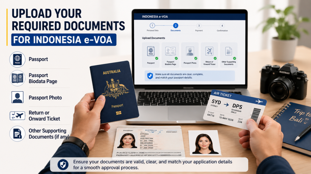How to upload required documents for an Indonesia e-VOA application, including a passport, biodata page, passport photo, return ticket, and supporting documents.