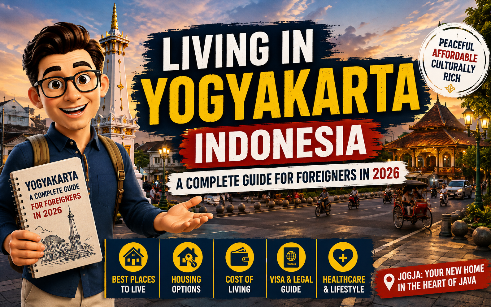 Living in Yogyakarta, Indonesia, featuring the Tugu Monument, traditional Javanese architecture, local transportation, and key information for foreigners in 2026.