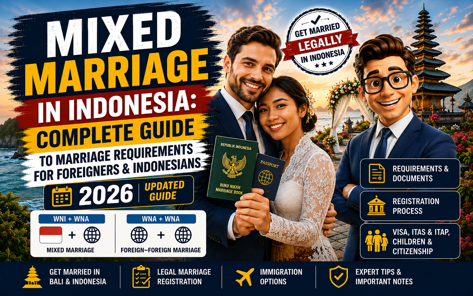 Mixed Marriage in Indonesia: Complete Guide 2026 for foreigners and Indonesians, covering marriage requirements, required documents, legal registration, visa and immigration options, children and citizenship, and marriage procedures in Bali and Indonesia.