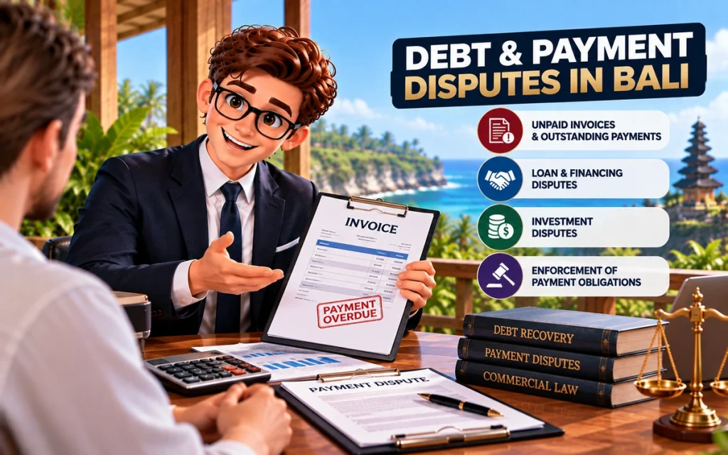 Debt and payment disputes in Bali involving unpaid invoices, financing, investment and payment obligations