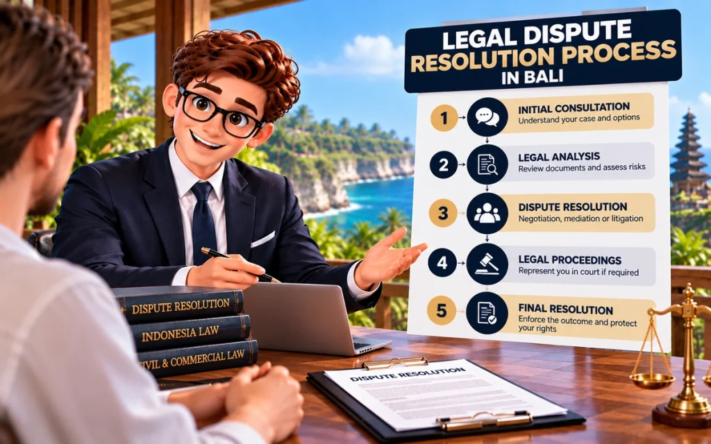 Legal dispute resolution process in Bali from consultation and analysis to settlement or legal proceedings