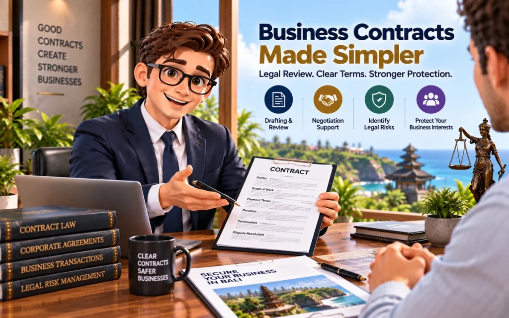 Business lawyer reviewing a commercial contract in Bali