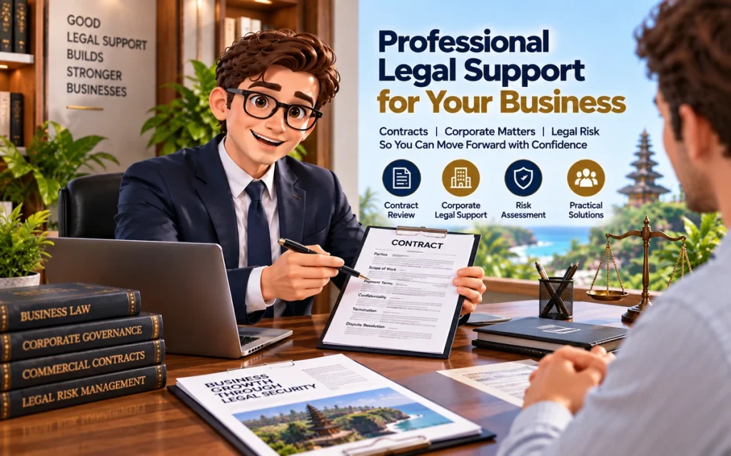 Business lawyer in Bali reviewing legal documents for a business