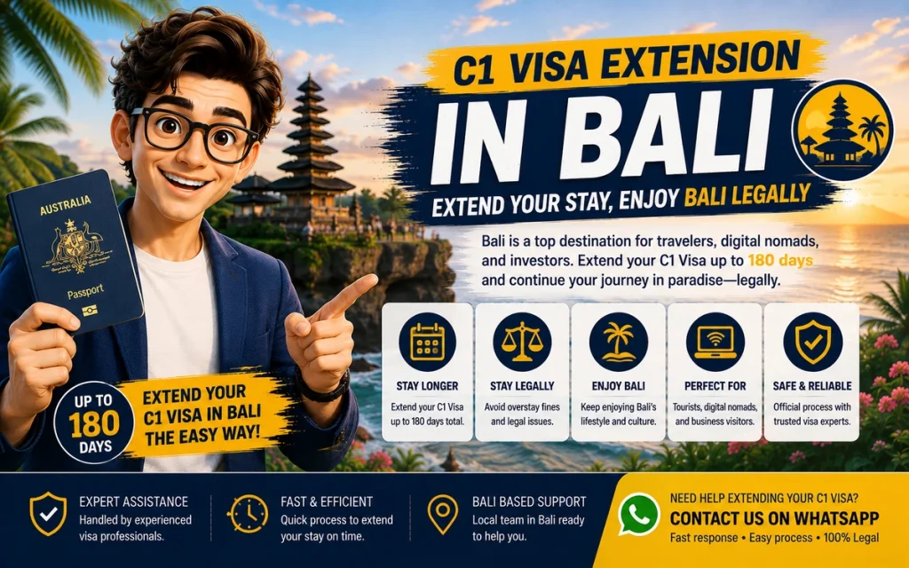 C1 Visa Extension Bali visual showing how travelers can extend their stay in Bali for up to 180 days.