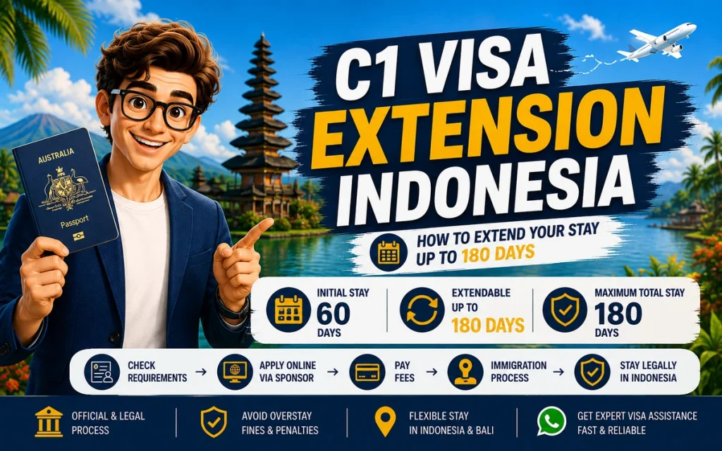 C1 Visa Extension Indonesia guide showing the initial 60-day stay and extension options up to a maximum of 180 days.