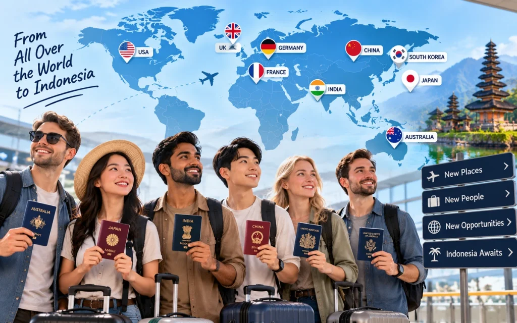International travelers from Australia, China, India, USA, UK, Japan and South Korea visiting Indonesia