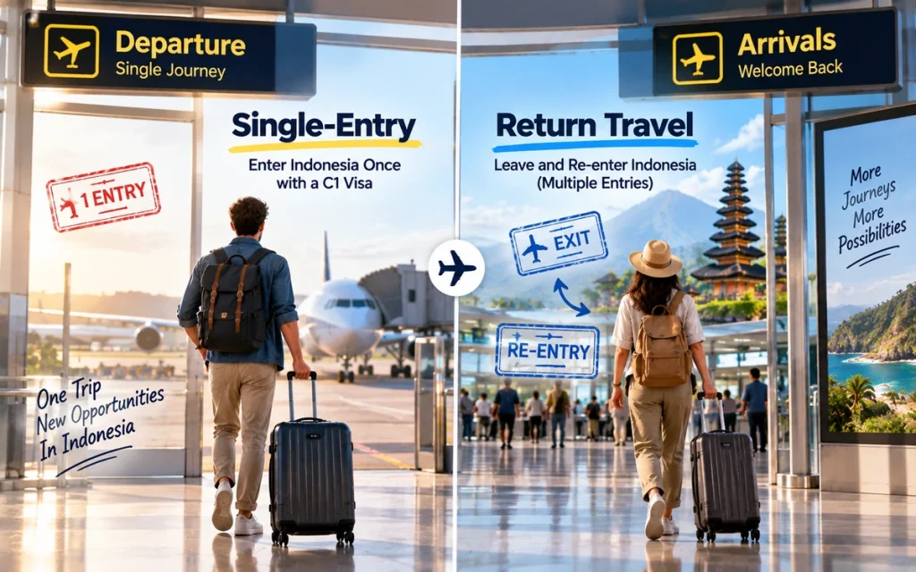 C1 Visa single-entry travel compared with multiple-entry travel at an Indonesian airport