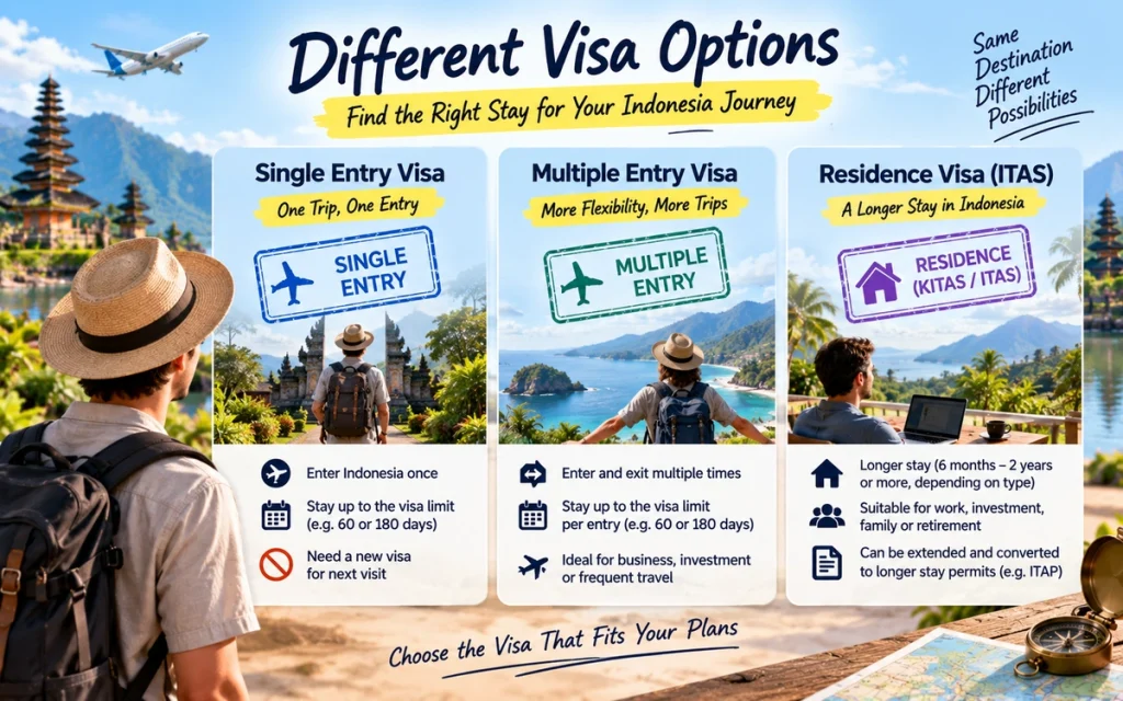 Indonesia visa options comparison between single entry, multiple entry and ITAS residence