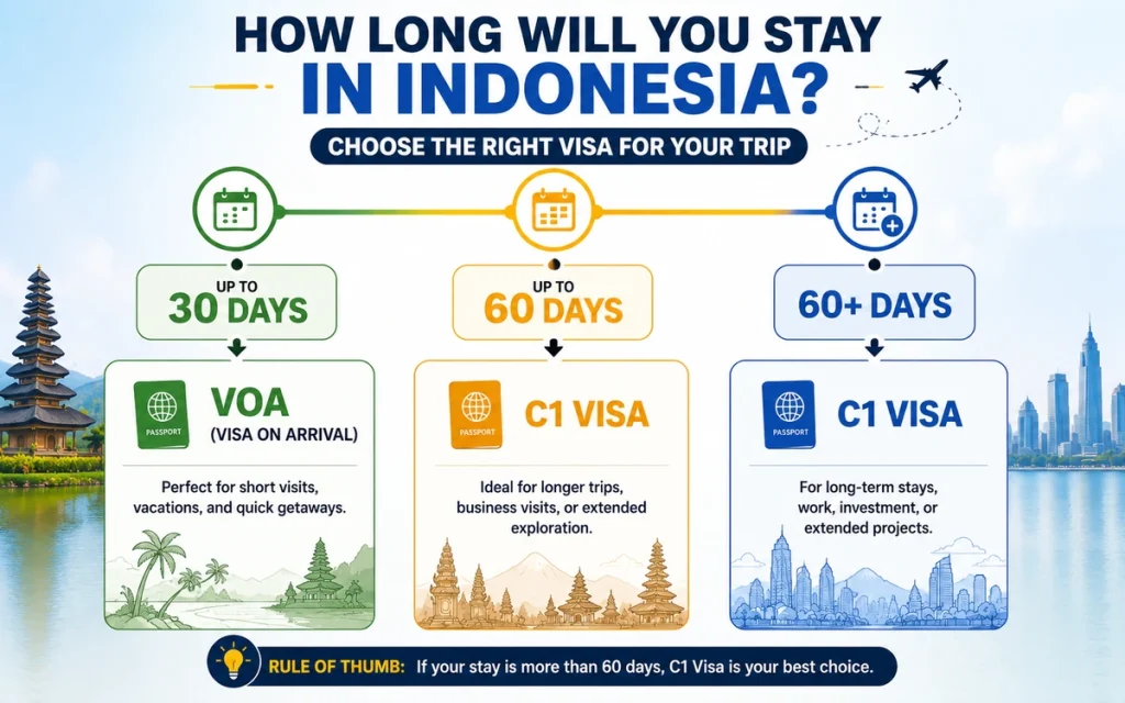 Choose between C1 Visa and VOA based on stay duration in Indonesia
