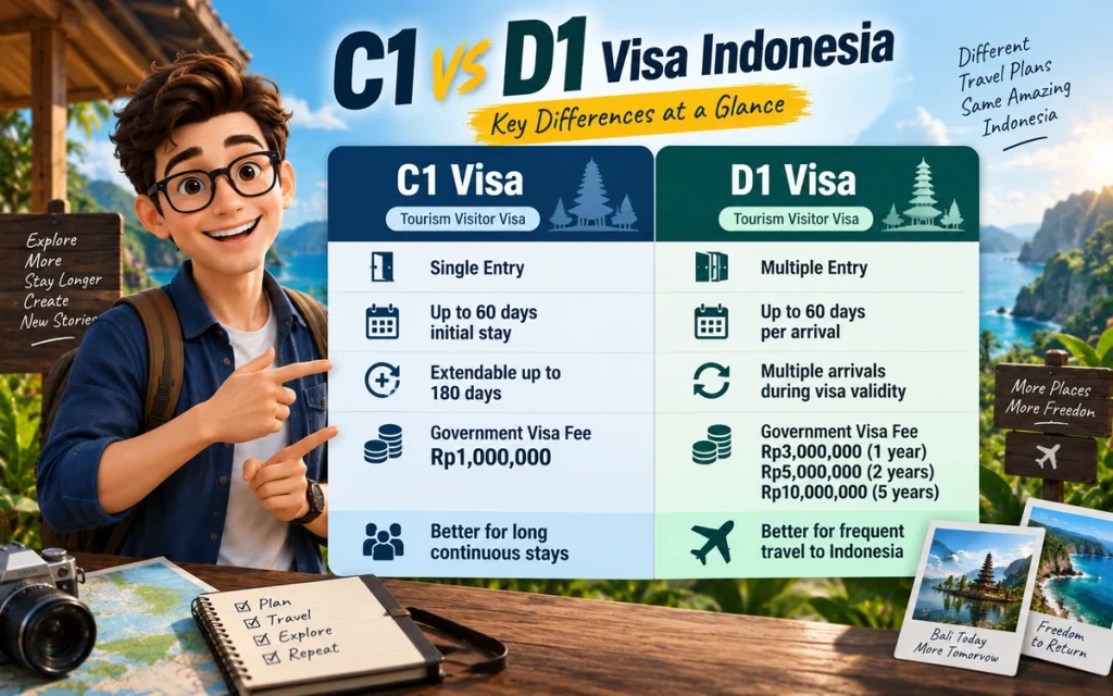 C1 Visa vs D1 Visa Indonesia comparison of entry, stay duration, fees, and travel benefits