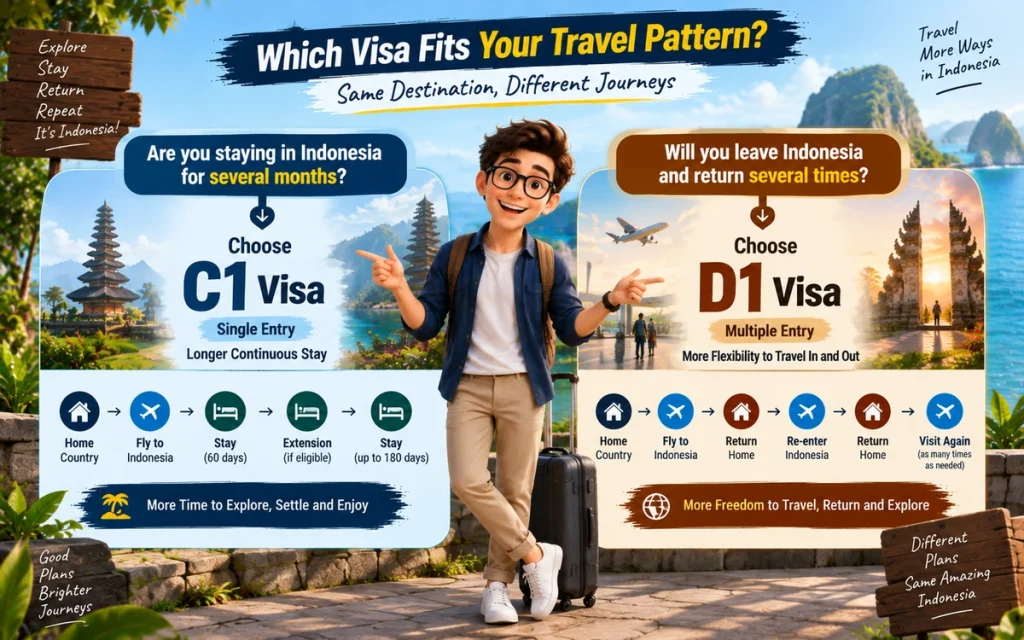 C1 Visa vs D1 Visa Indonesia travel pattern for long stays and frequent re-entry