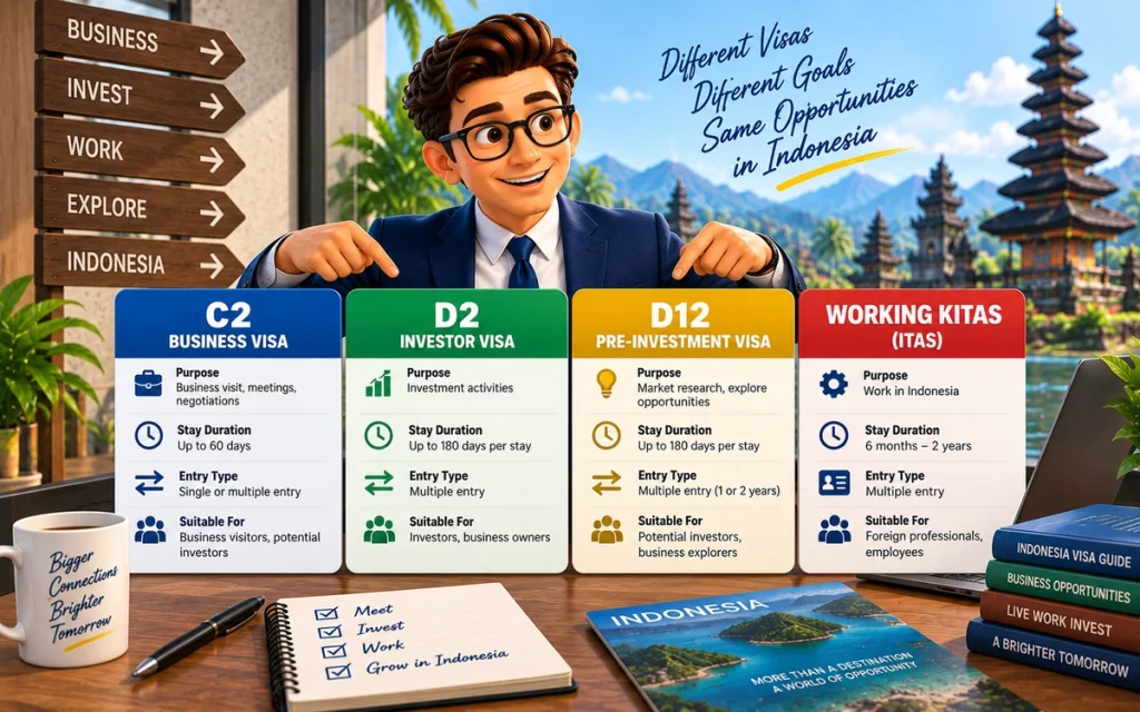 Comparison of C2, D2, D12 and Working KITAS visa options in Indonesia