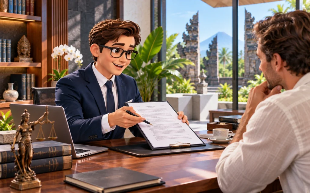 Legal professional reviewing and signing a business contract with a foreign client in Bali
