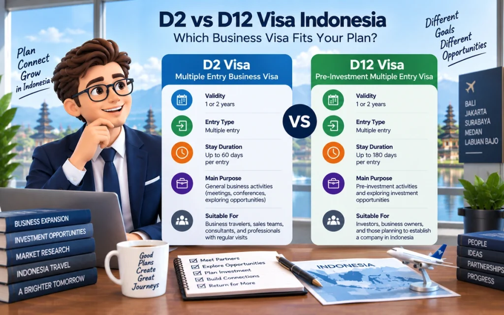 D2 vs D12 Visa Indonesia comparison for business and pre-investment activities