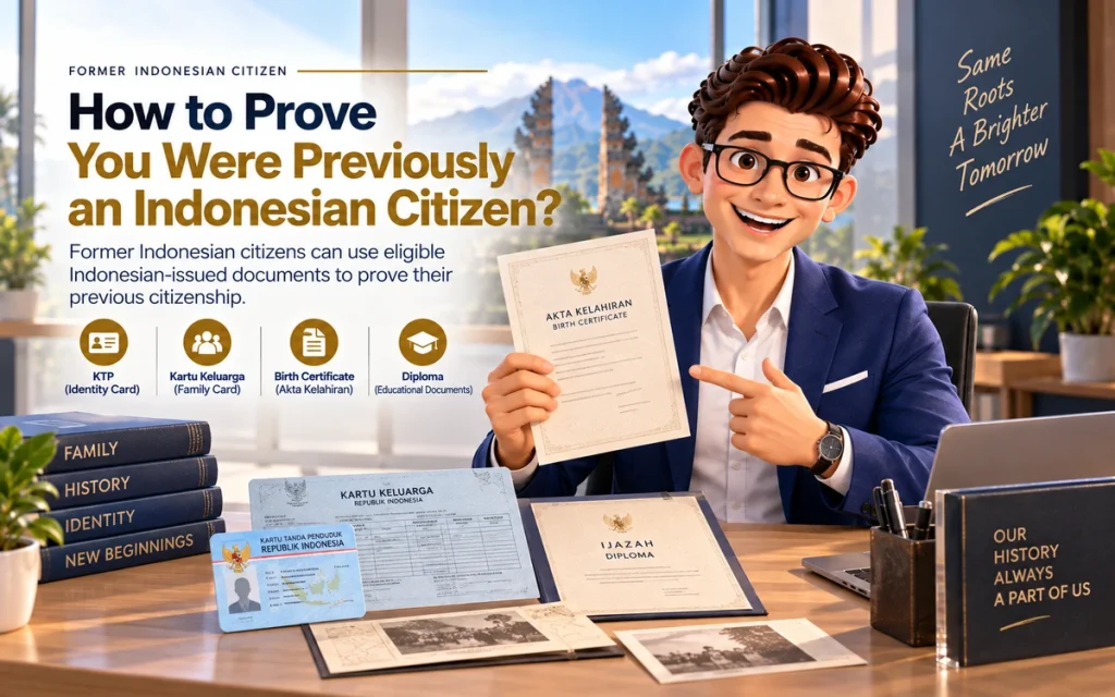 Former Indonesian citizenship proof documents including KTP, family card, birth certificate, and diploma