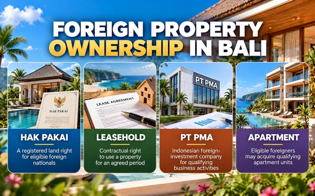 Foreign property ownership structures in Bali including Hak Pakai leasehold PT PMA and apartments