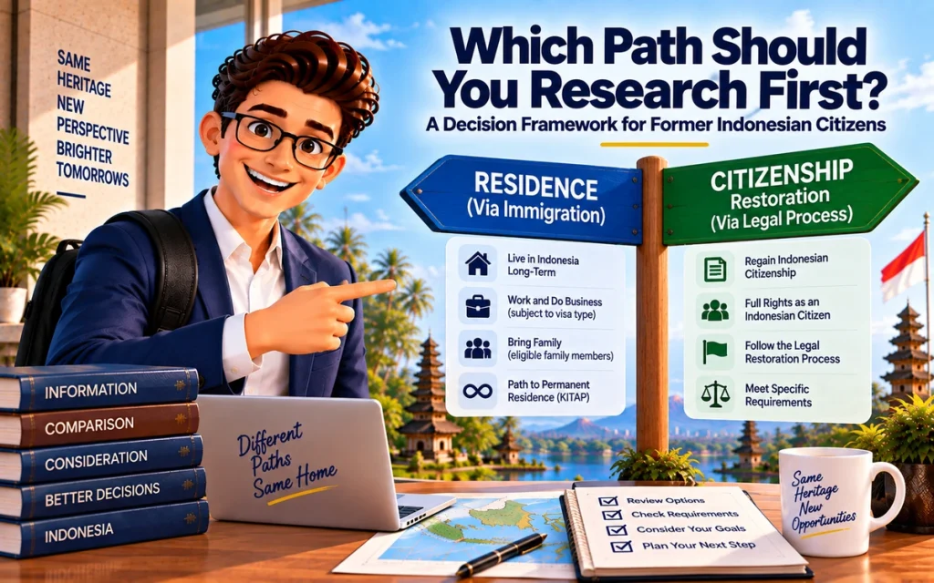 Decision framework for former Indonesian citizens choosing between residence and citizenship options