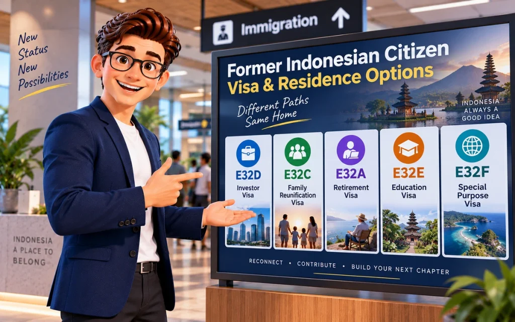 Former Indonesian citizen visa options in Indonesia including E32A E32C E32D E32E and E32F