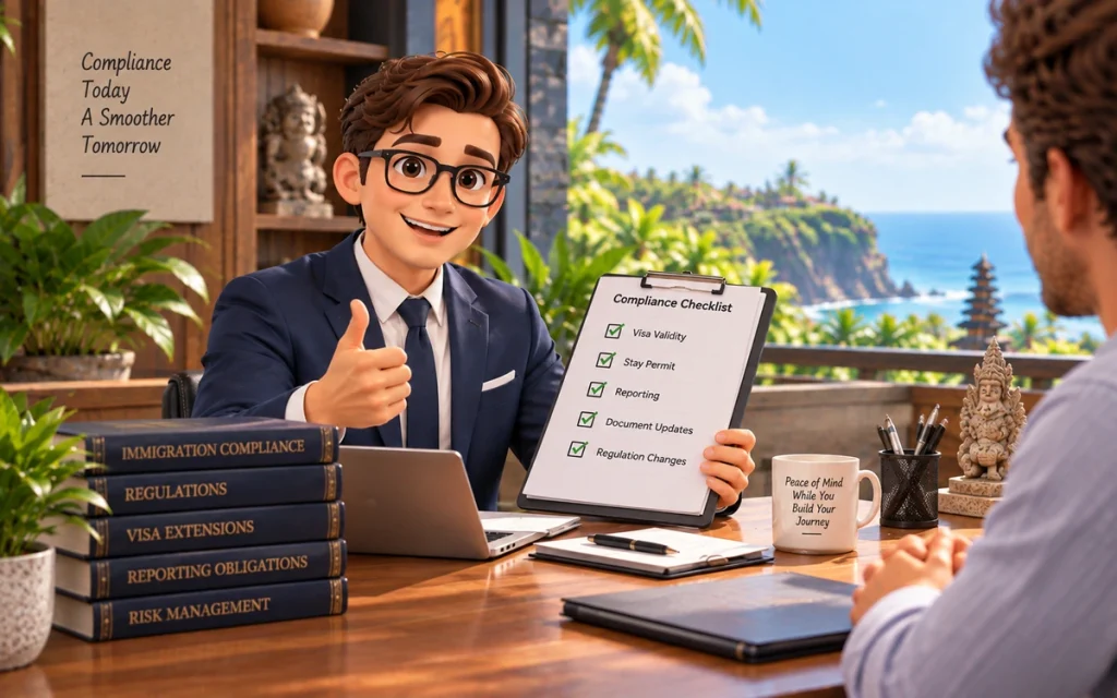 Foreign resident reviewing Indonesian immigration compliance documents with a legal professional
