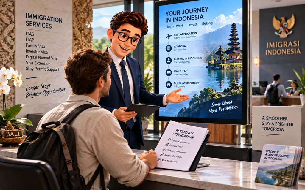 Foreign resident consulting an immigration advisor about Indonesian residency documents in Bali