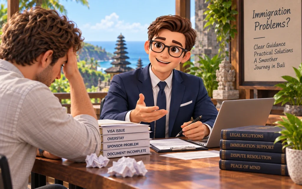 Foreign client discussing an immigration problem in Bali with a legal professional