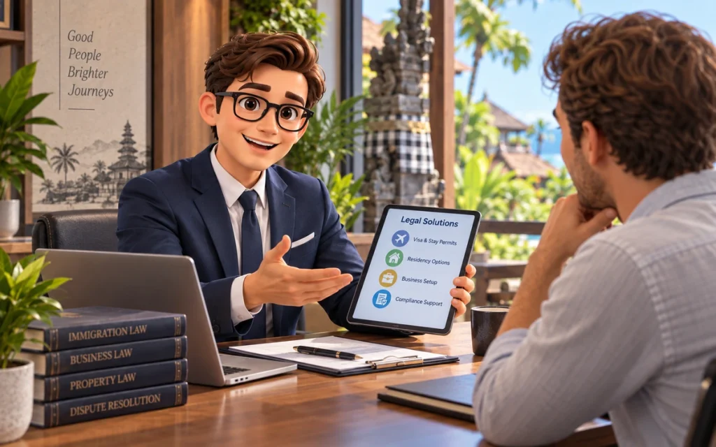 Foreign client discussing immigration legal services with a professional in Bali