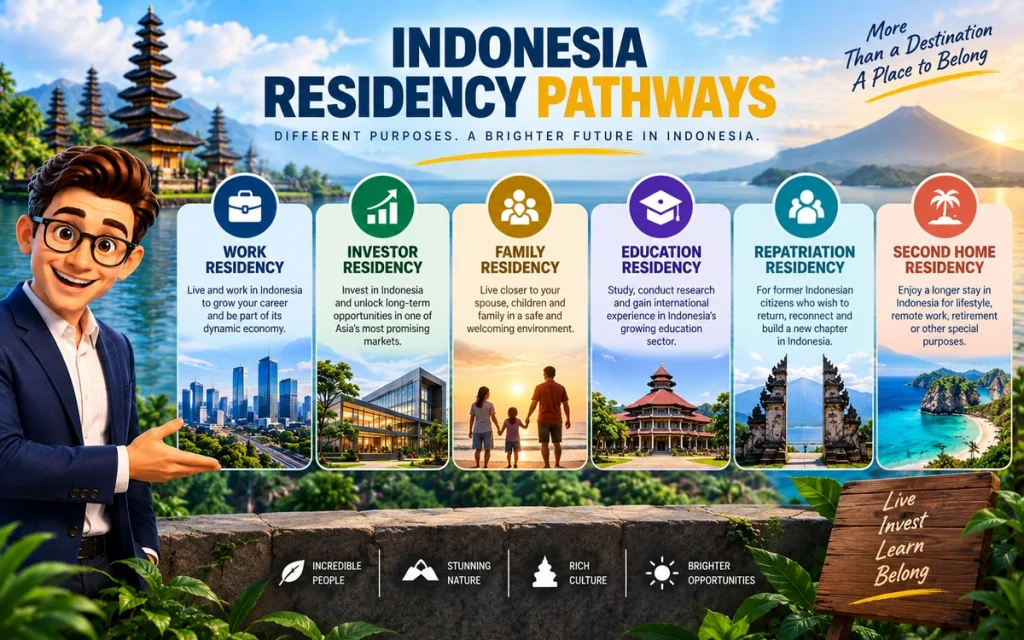 Indonesia residency pathways for work, investors, family, education, repatriation and Second Home