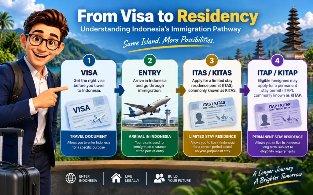 Indonesia visa to residence permit pathway from entry to ITAS KITAS and ITAP KITAP