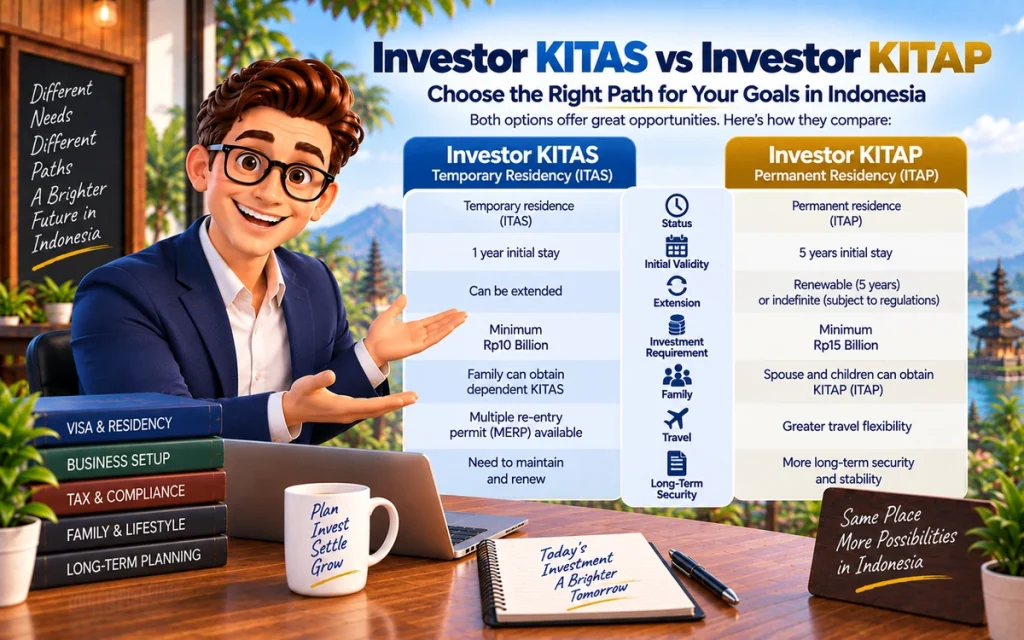 Investor KITAS versus Investor KITAP comparison for foreign investors in Indonesia