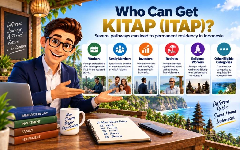 KITAP Indonesia eligibility routes for workers, investors, families, retirees, and religious workers