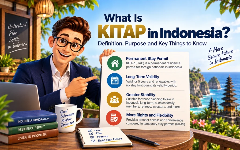 3D illustration explaining KITAP (ITAP), Indonesia's permanent stay permit