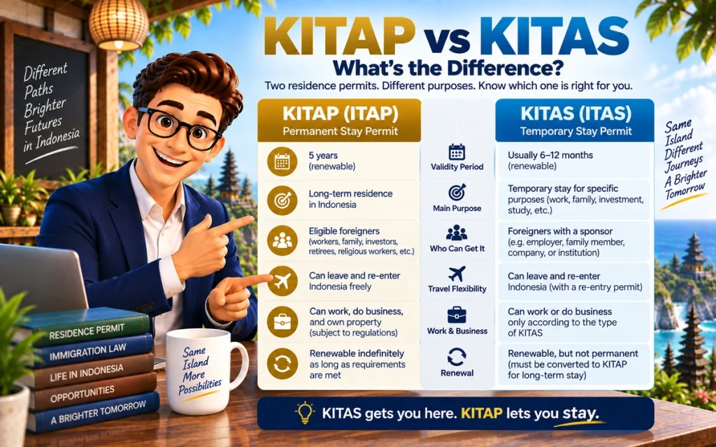 KITAP vs KITAS comparison showing permanent and temporary stay permits in Indonesia