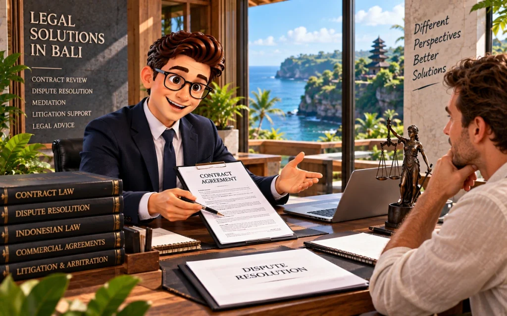 Lawyer discussing a contract and dispute resolution with a foreign client in Bali