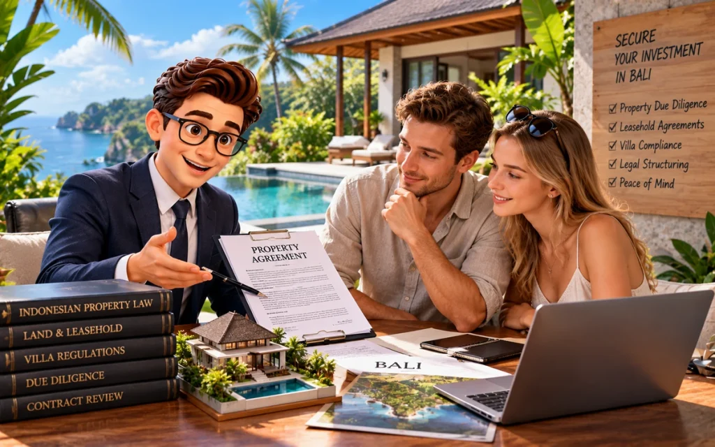 Foreign property buyer reviewing Bali villa legal documents with a lawyer