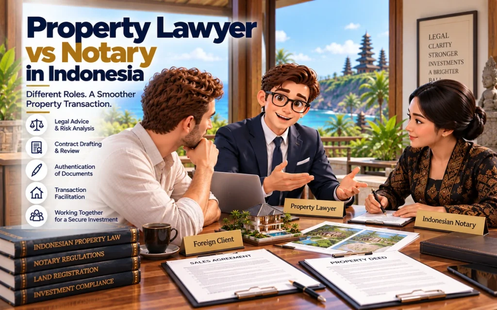 Property lawyer and Indonesian notary discussing a property transaction for a foreign client