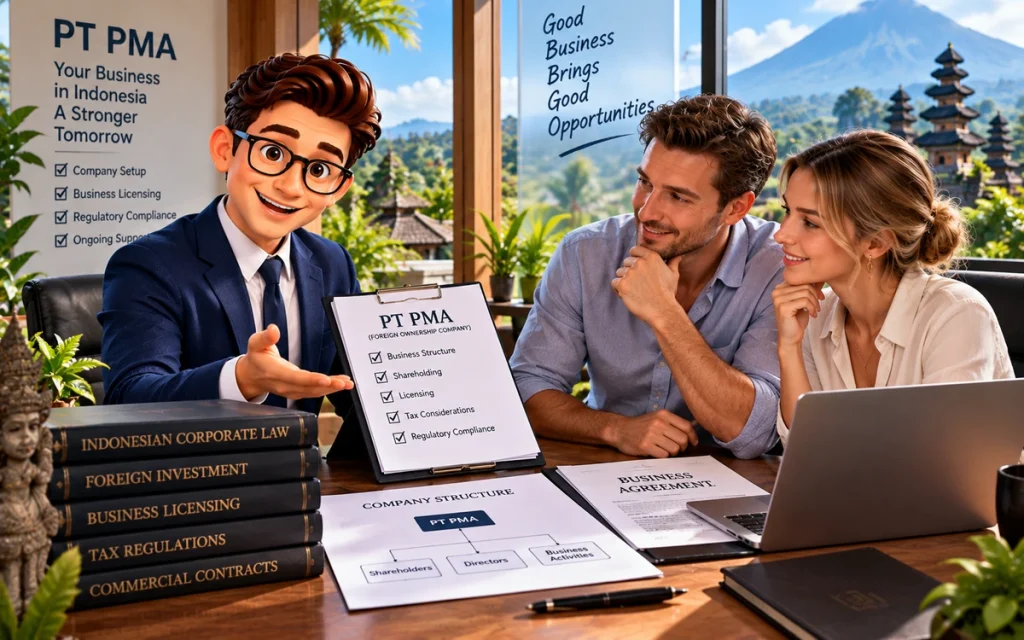 Foreign investor reviewing Indonesian company and PT PMA business documents