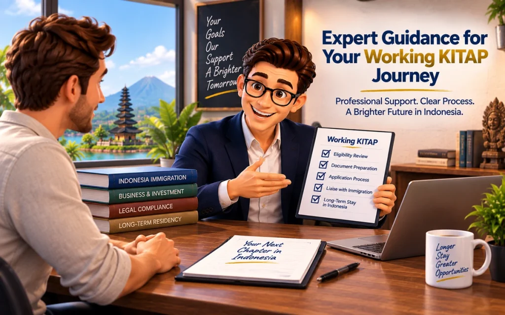 Foreign client consulting with an Indonesian immigration professional about Working KITAP