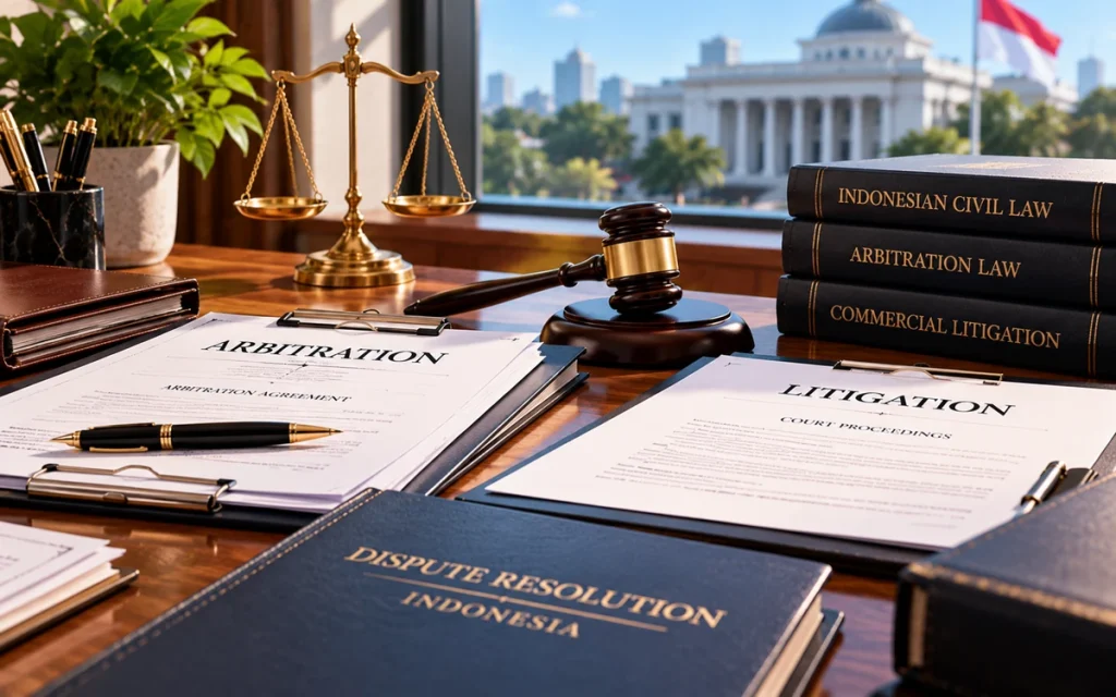 Arbitration and litigation documents, a judge’s gavel, and legal books related to business disputes in Indonesia