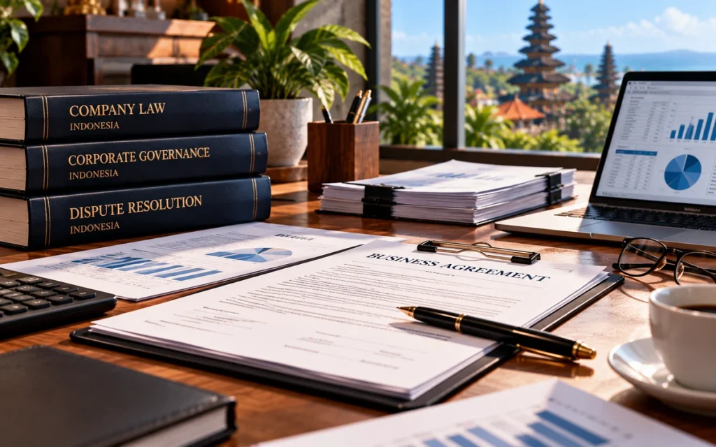 Business contracts, financial reports, and corporate documents used to assess a business dispute in Indonesia