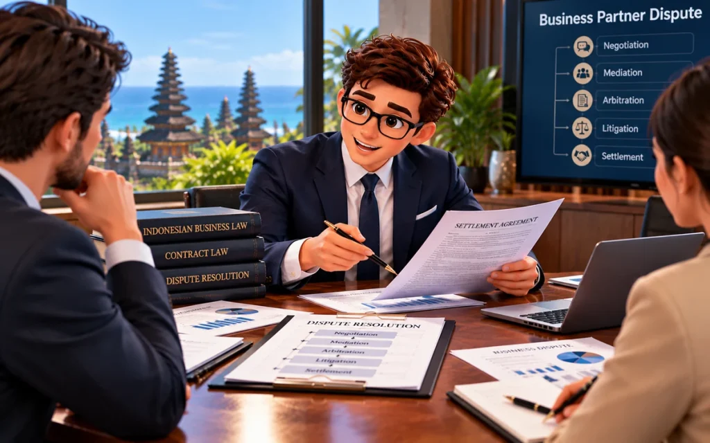 Victor reviewing a settlement agreement and discussing business dispute resolution at a meeting table