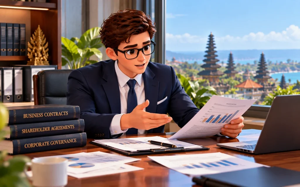 Victor reviewing business contracts and financial reports related to common business partner disputes in Indonesia