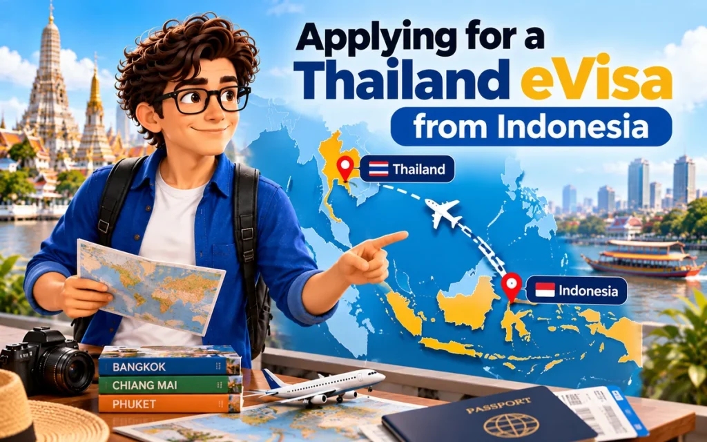 Applying for a Thailand eVisa from Indonesia with a map showing the travel route between Indonesia and Thailand